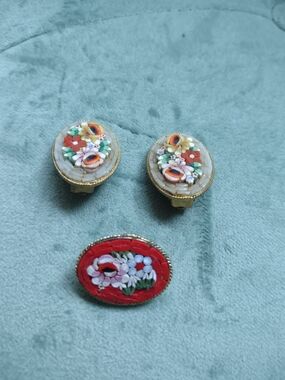 Handcrafted Floral Micro-Mosaic Brooch and Clip-On Earring Set in Red and Cream